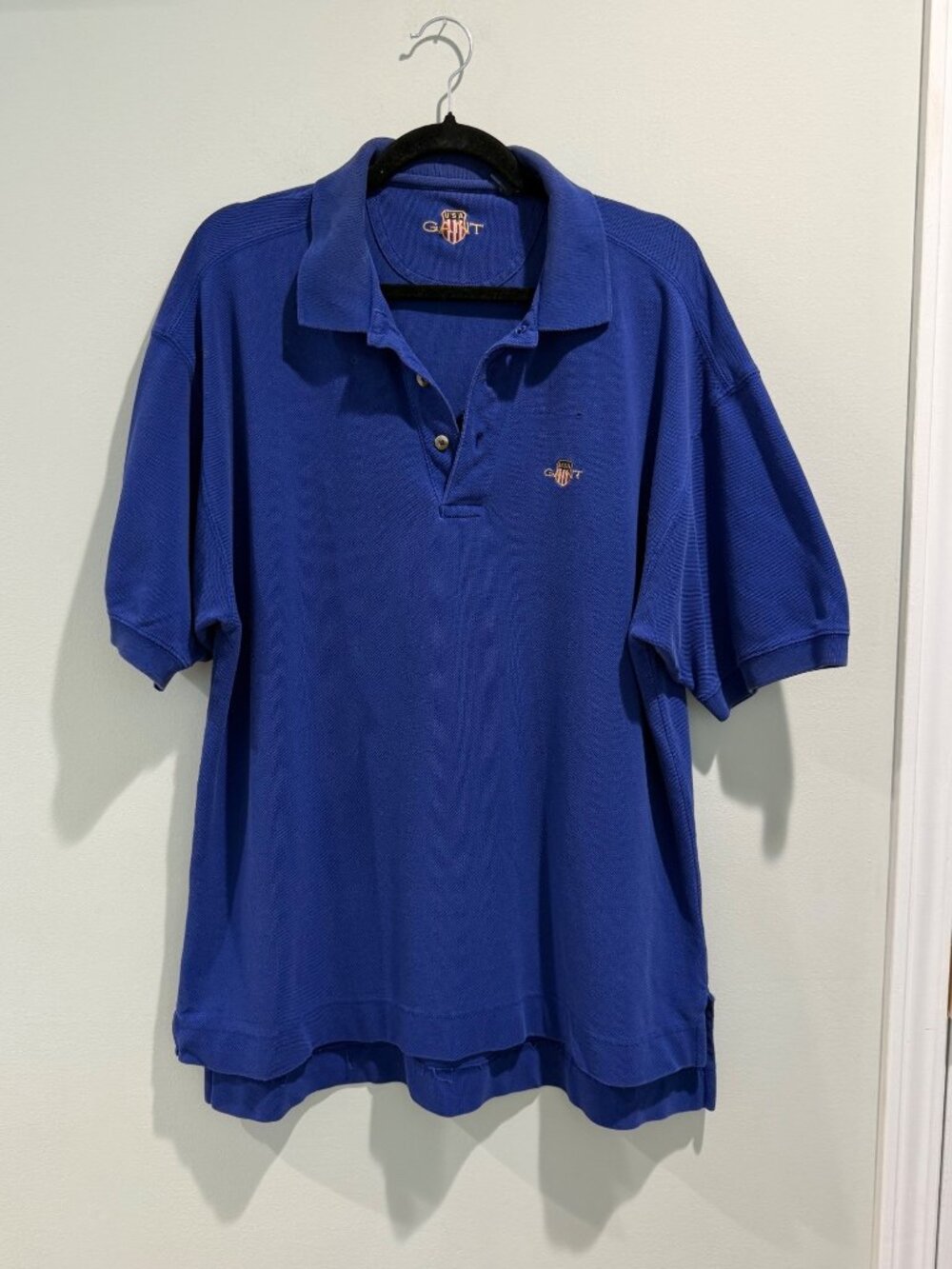 Vintage 90s Men's GANT XL USA Shield Piqué 100% Cotton Polo Shirt - Royal Blue